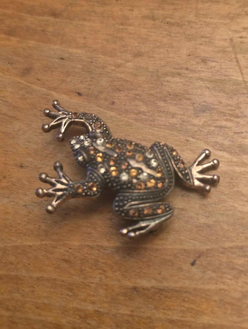 1928 Brooch Pin Copper Color Frog With Yellow and Gold Rhinestones EXCELLENT